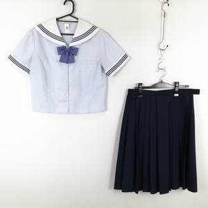 1円 セーラー服 スカート リボン 上下3点セット 夏物 青3本線 女子 学生服 熊本水俣袋中学 青 制服 中古 ランクC EY3282