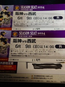 6月9日（日）阪神甲子園球場　阪神vs西武　ライト下段2連番（2席、チケット2枚分）14時試合開始　雨天保証あり