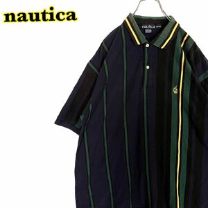 nautica ノーティカ　半袖ポロシャツ　ストライプ　刺繍　紺緑黄　メンズ　XLサイズ　【AY1146】