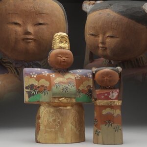 EX482 時代物 木彫彩色 一刀彫「立雛」一対 高25.5cm/16.6cm 木箱附 伝統工芸 雛人形 ひな人形