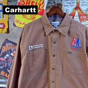 Carhartt カーハート ワークジャケット L サイズ ダック地 企業 ロゴ 刺 革ロゴ 裏地 チェック ブラウン 10415