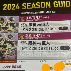 【ペア既完売】9/22(日)阪神vs 巨人　レフト外野指定席2連番ペアチケット　