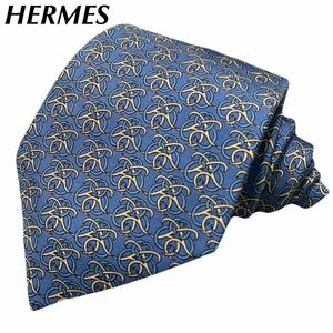 HERMES エルメス　7572 SA★フランス製 ブルー青色 総柄 シルクネクタイ