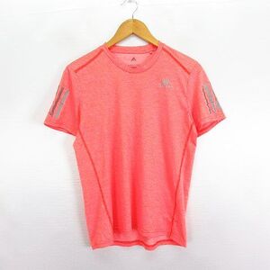 アディダス adidas RUNNING Tシャツ カットソー 半袖 クルーネック 総柄 ライン ロゴ 薄手 M オレンジ スポーツウェア ※EKM メンズ