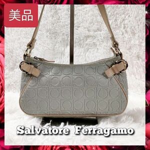 【極美品】 送料無料 Salvatore Ferragamo サルヴァトーレ・フェラガモ AU-21 4435 ハンドバッグ ガンチーニ柄 レザー アイスグレー系