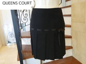 1.5万 美品 クイーンズコート(QUEENS COURT)★ 黒ブラック　裾プリーツ　スカート　1　Ｓ相当