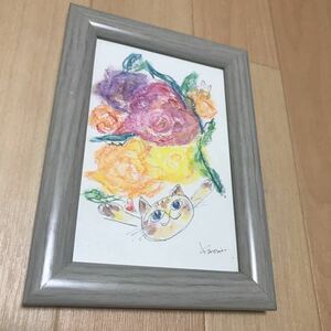 絵画 原画 手書きインテリア 一点物 猫 ねこ ネコ 額付き　花　かわいい