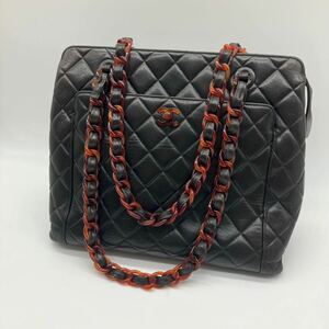 美品 CHANEL シャネル べっ甲 マトラッセ ラムスキン チェーントートバッグ チェーンショルダー 肩掛け ブラック プラスチック