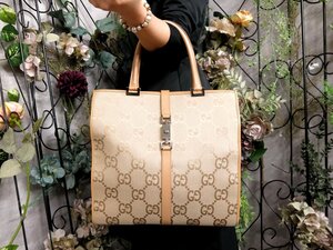 ●超美品●GUCCI グッチ●ジャッキー●ジャンボGGキャンバス カーフ レザー 本革●ハンド トート バッグ●ベージュ●A4 収納 書類●Js53256