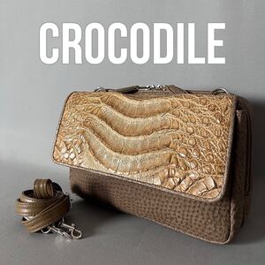 ★１円スタート★ カイマン クロコダイル crocodile ワニ革 アメリカン オーストリッチ革 ショルダーバッグ 茶 エキゾチックレザー G47.