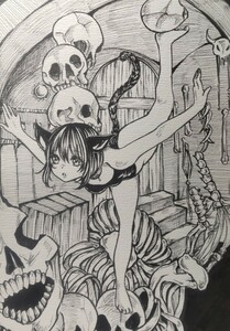 手描きイラスト★オリジナル　B5サイズ ペン画 モノクロ 少女 『魔女の飼い猫。』