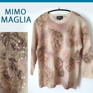 MIMO MAGLIA スパンコール付 ウールカットソー バラ柄 薔薇 花 ミモモーダ セーター トップス 七分袖 華やか 上質 マダム MIMO MODA 