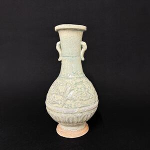 【後】FA037 青白磁花卉文雙耳花入 古美術 骨董品 古玩 時代物 古道具 中国美術品 朝鮮美術品 日本美術品