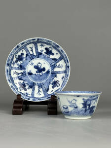 中国美術　明朝　明代　青花童子図杯、茶托　染付　湯飲　唐物　時代物　古物　U0522L10