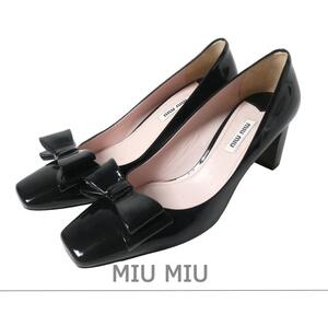 極美品 MIU MIU ミュウミュウ サイズ36.5 約23.5㎝ エナメル リボン ビジュー スクエアトゥ チャンキーヒール パンプス 黒 ブラック