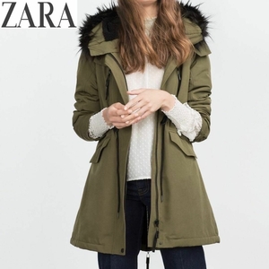 ザラ・ZARA モッズコート　レディース　上着・アウター・ジャンパー　ミリタリージャケット　ボアコート　カーキ・緑・グリーン×ブラック