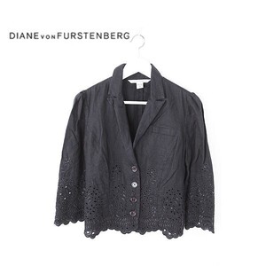 A3940/極美品 春夏 Diane von Furstenberg ダイアンフォンファステンバーグ 刺繍 リネン100% テーラード シャツ ジャケット 6黒/レディース