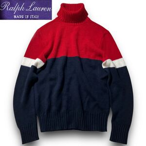 未使用級!希少 RALPH LAUREN PURPLE LABEL カシミヤ 100% トリコロール タートルネック ニット ラルフローレンパープルレーベル M カシミア