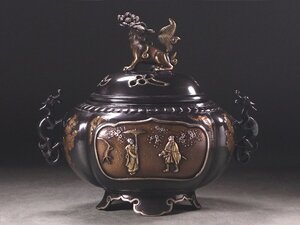 ∇花∇金工師【大峰】作 高岡銅器 蝋型鋳銅 高彫色絵間取人物図香炉 獅子摘に龍耳 共箱付