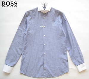 美品トルコ製!!ヒューゴボス HUGO BOSS*Cotonificio Albini伊製生地 シャンブレークレリックボタンダウンシャツ S 実寸M 紺×白