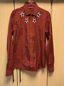 正規 17SS Givenchy ジバンシィ スター 星 ラウンドネック プリント 比翼 チェック シャツ 赤黒 38 17S 6002 414