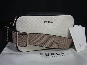 1円 ■美品■ FURLA フルラ リリー レザー クロスボディ ショルダーバッグ 斜め掛け メンズ レディース アイボリー系×ブラック系 FF3077