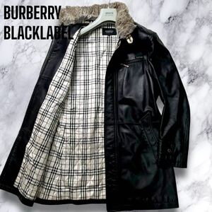 美品/極上羊革◎バーバリーブラックレーベル ラムレザー リアルファー ノバチェック ロゴ コート 比翼 BURBERRY BLACKLABEL 黒 メンズ M