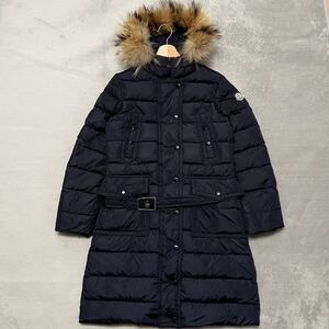 XS相当★MONCLER MERIN モンクレール メリン ダウンコート ジャケット パーカー ベルト付 タヌキファー 着脱フード 濃紺 レディース 00 