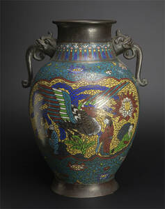 清 銅嵌景泰藍鳳紋獣耳瓶 掐丝珐琅 中国 古美術