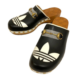 未使用品 グッチ GUCCI ×アディダス adidas 702252 トレフォイル クロッグサンダル サボサンダル 9 黒 ブラック 白 ホワイト メンズ