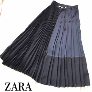 ★ ZARA ザラ LIMITEDEDITION サテン プリーツ ロングスカート ロング スカート マキシ丈 プリーツスカート XS ネイビー 定価13900円 ★ 　