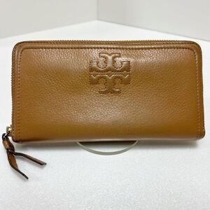 ◆TORY BURCH トリーバーチ　マックグロー　長財布◆　ラウンドジップ　ダブルT　本革　小銭入れ有　キャメル 【USED】 0104