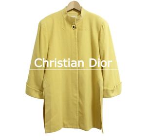 美品 Christian Dior クリスチャンディオール サイズL ウール×カシミヤ スタンドカラー 金ボタン ミドル 七分袖 コート 黄 イエロー