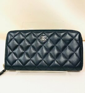 CHANEL　シャネル　マトラッセ　ラムキルティング　ラウンドファスナー　長財布　ネイビー qof.YV411