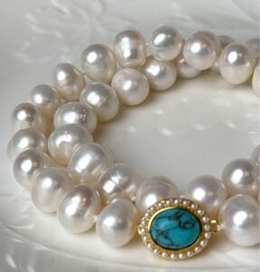 綺麗天然無調色真珠ネックレス11mm 42cm ターコイズ留め具　 necklace pearl jewelry ジュエリー