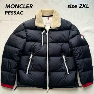 1円〜 美品 正規品 MONCLER モンクレール ダウンジャケット PESSAC ペサック 襟ムートンボア 4 2XLサイズ トリコロールワッペン ネイビー 