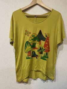 ♪Tシャツ 半袖　きのこ　マッシュルーム　黄色　からし色　ポップ　USED♪