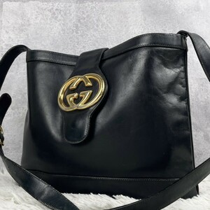 美品 OLD GUCCI オールドグッチ インターロッキング ショルダーバッグ クロスボディ 斜めがけ 肩掛け バケツ オールレザー GG金具 ホック