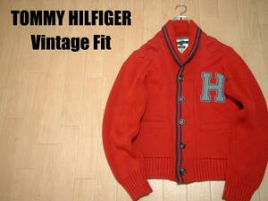 TOMMY HILFIGERスウェット切り替えコットンニットカーディガンXLショールカラーレタード正規トミーヒルフィガーVintage fitレッドセーター