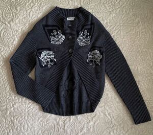 HIROKO BISビーズ刺繍カーディガン花柄　グレー　編み込み　カシミヤ アンゴラ ウール　毛　リブ編み　変形　ヒロコビス　コシノヒロコ　11