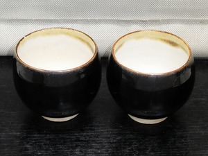 ●天目釉 京焼 木村盛伸 湯呑 2点 煎茶碗 茶道具 茶器 時代物 印在●