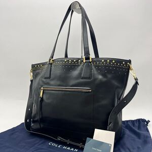 1円【極美品】コールハーン COLE HAAN 2way メンズ ビジネス トートバッグ ショルダー 肩掛け 斜め掛け スタッズ 本革 レザー 大容量 A4