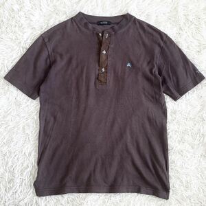 1円〜【美品】BURBERRY BLACK LABEL バーバリーブラックレーベル 半袖Tシャツ ヘンリーネック ボタンノバチェック ホースロゴ ブラウン 3 L