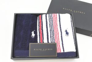 (1034S 0120H5) 1円～ 未使用 RALPH LAUREN HOME ラルフローレン ハンドタオル ウォッシュタオル 2枚 セット ブルー系 紺 ストライプ