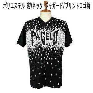 夏 パジェロ 半袖 ポリ プリントBIGロゴ柄VネックTシャツ・黒 LL