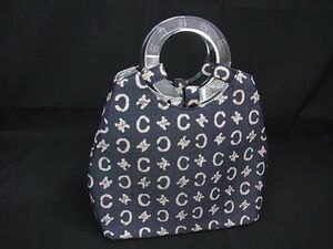 1円 ■美品■ CELINE セリーヌ Cマカダム デニム プラスチックハンドル ハンドバッグ トート レディース ネイビー系×アイボリー系 AY6124