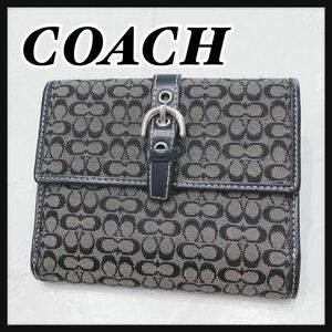 ☆COACH☆ コーチ 二つ折り財布 折り財布 財布 ウォレット ブラック 黒 キャンバス ミニシグネチャー ベルトデザイン レディース 送料無料