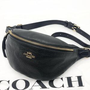 未使用級◎COACH コーチ シボ革 オールレザー ウエストポーチ ボディーバッグ ショルダー 斜め掛け メンズ ビジネス スリング ブラック 黒