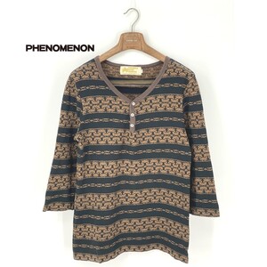 A8276/極美品 春夏 PHENOMENON フェノメノン コットン 総柄 ボーダー Vネック 長袖 Tシャツ カットソー 48 L程 茶/日本製 メンズ