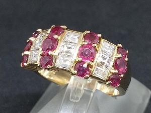 K18 18金 YG ダイヤモンド 赤石 デザイン リング 指輪 イエローゴールド D1.03ct R1.59ct 8.1g #12 店舗受取可